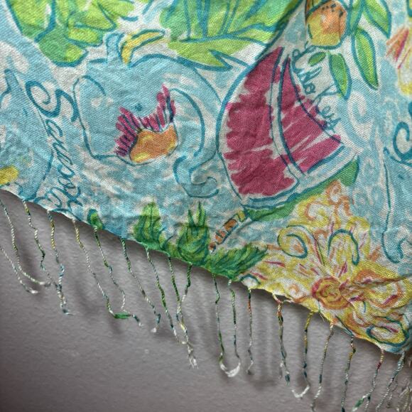 Lilly Pulitzer Murfee Scarf Florida Sarasota Longboat Key OS Fringe Blue Green - Picture 4 of 6